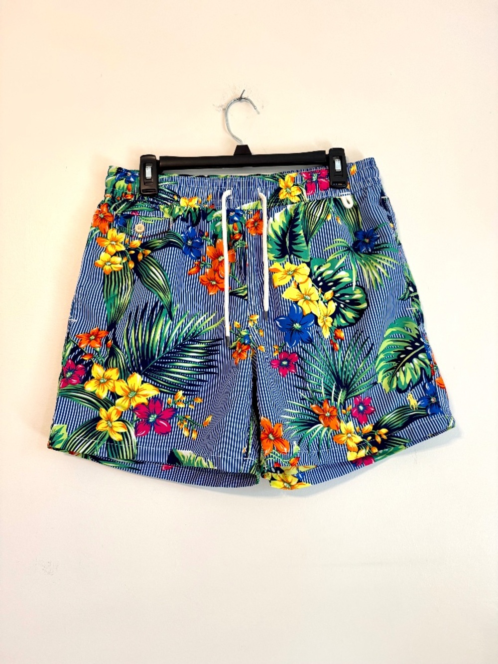 POLO Ralph Lauren Blue White Stripe Tropical Floral Swim Trunks 6" Inseam Size M
